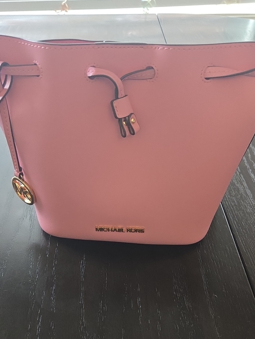 Michael Kors Pink Leather Drawstring Tote with Gold Logo Charm